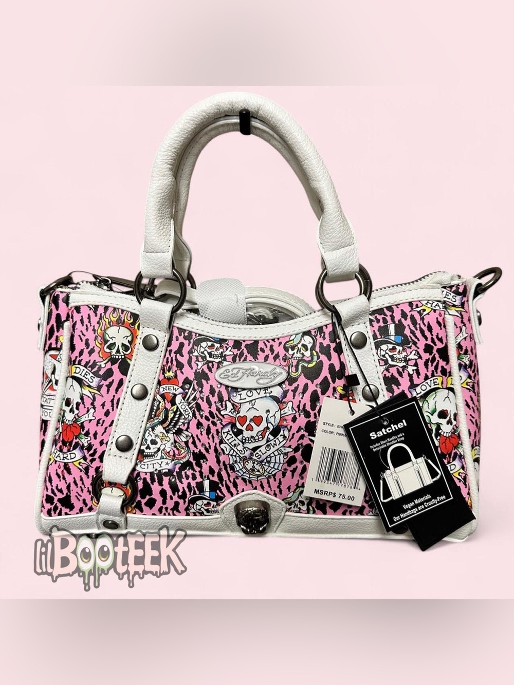 Ed Hardy White Pink Cheetah Print Satchel Bag w Skull Logos Rhinestones Y2K NEW